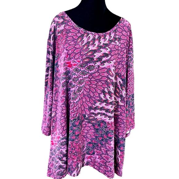 Catherines Top Women's Size 4X Pink and Purple Peacock Print Stretch Shirt - Picture 1 of 8